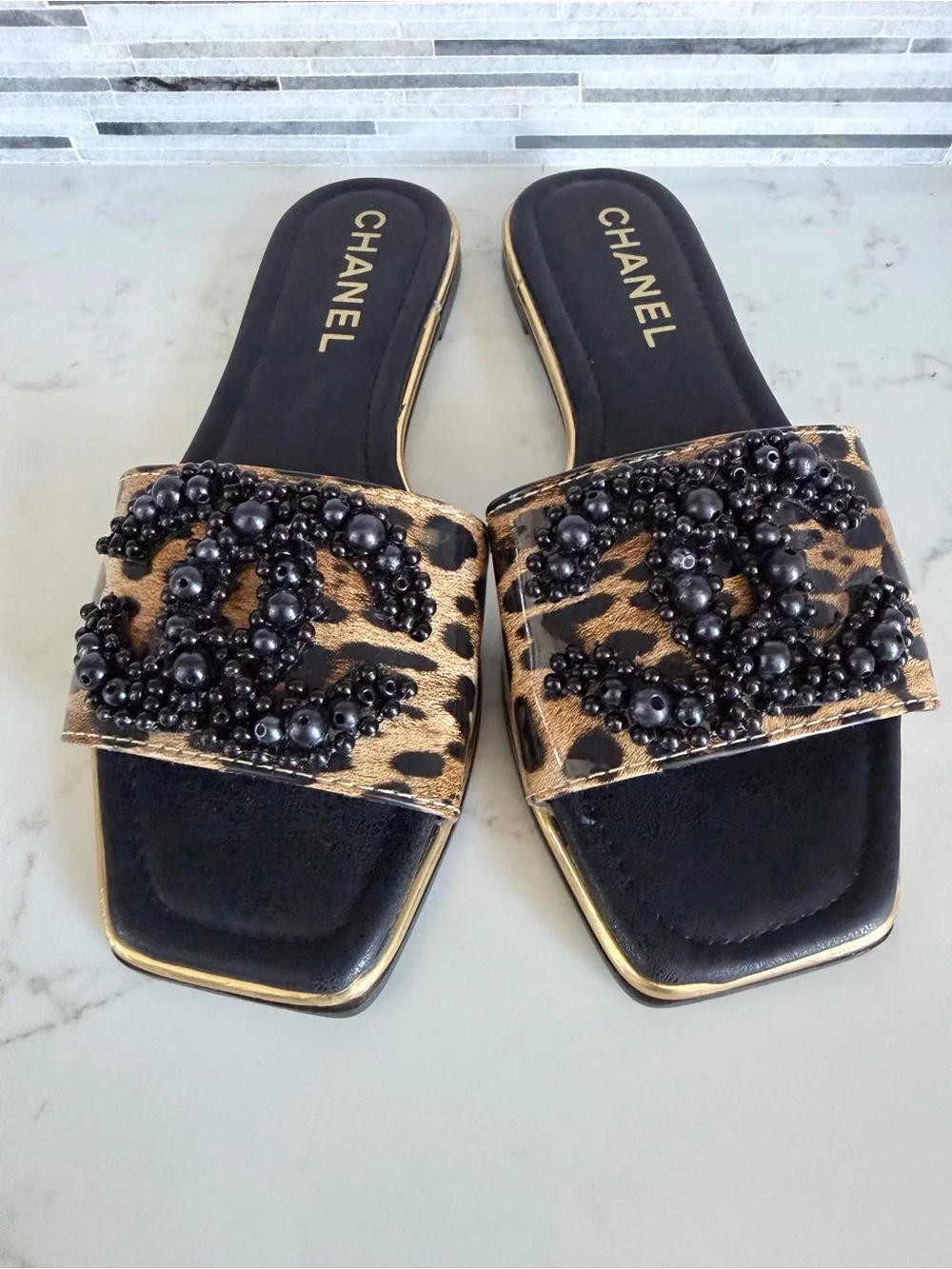 CHANEL Leopard Beaded Slide Mules in Black & Brown size 6